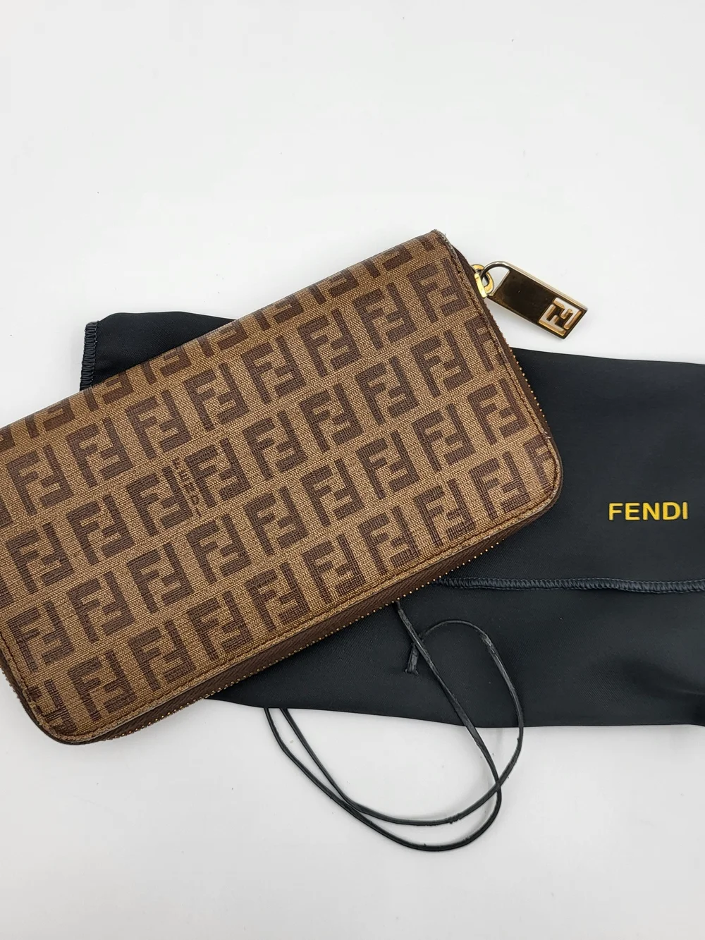 FENDI Zucchino Spalmati Forever Zip Around Wallet Nocciola, Authentic w/COA.